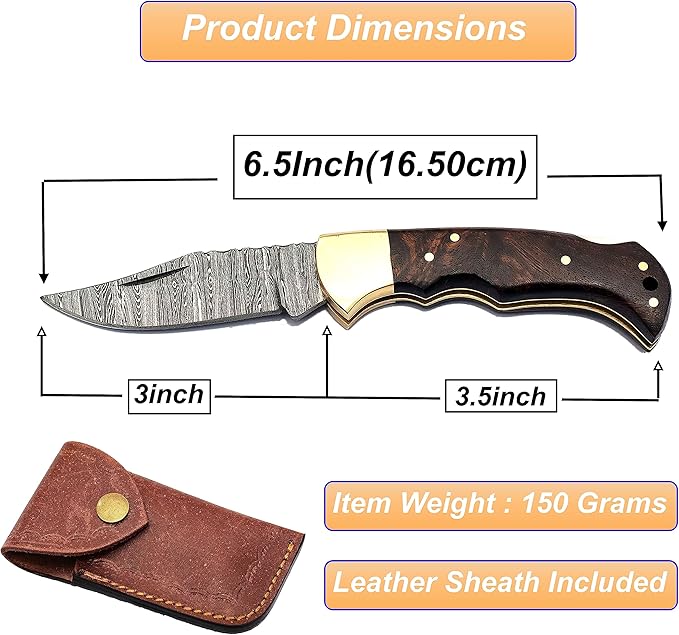 6.5" Handmade Damascus Steel Folding Hunting Knives For Men, Pocket Knife For Camping, Survival