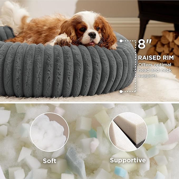 Bedsure Donut Medium Dog Bed - Washable Faux Fur with Corduroy Fleece & Anti Slip Bottom, Round Pet