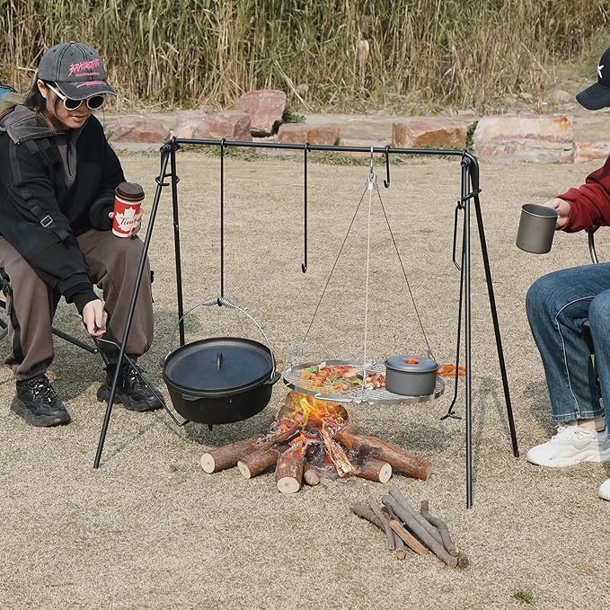 REDCAMP Swing Campfire Grill Stand - Collapsible Campfire Cooking Rack with 6 Hooks & Stainless