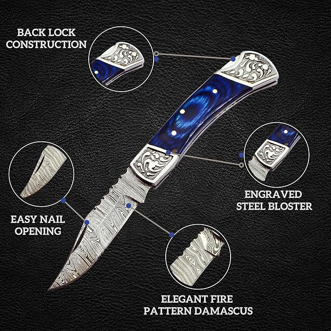 Handmade Damascus Pocket Knife for Men - 7.2 Inches Engraved Steel Damascus Folding Pocket Knife