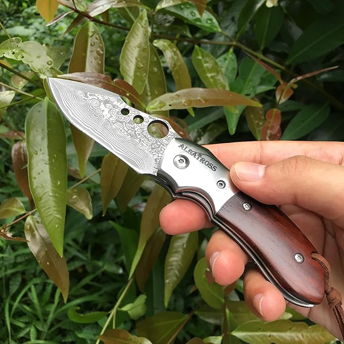 ALBATROSS Premium Damascus Steel Folding Pocket Knife with Liner Lock - EDC Knife with Sandalwood