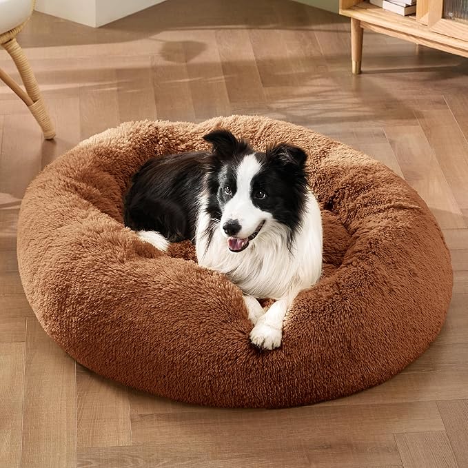 Bedsure Calming Dog Bed for Large Dogs - Donut Washable Large Pet Bed, 36 inches Anti-Slip Round