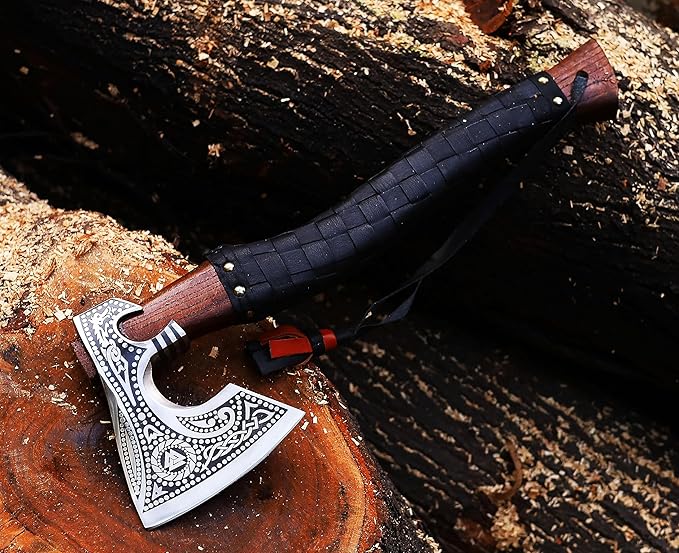 19" Viking Axe Carbon Steel Engraved Head with Leather Wrapped Wooden Handle & Sheath | Norse