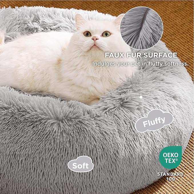 Bedsure Calming Cat Beds for Indoor Cats - Small Cat Bed Washable 20 inches, Anti-Slip Round Fluffy