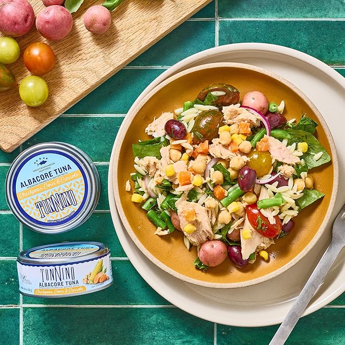 Tonnino Tuna Fish Albacore - Premium chunk in water with Chickpeas, Corn & Carrots - Pack of 12