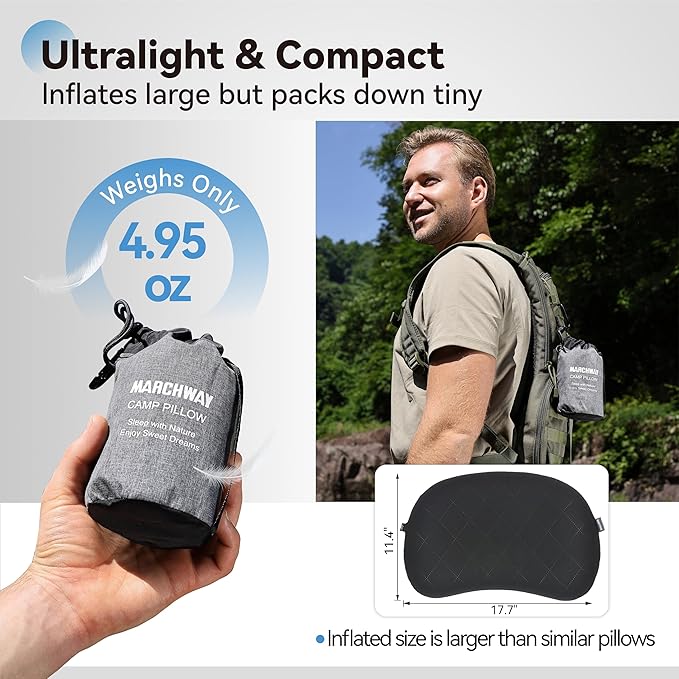 MARCHWAY Ultralight Inflatable Camping Pillow with Soft Washable Cover, Compact Compressible