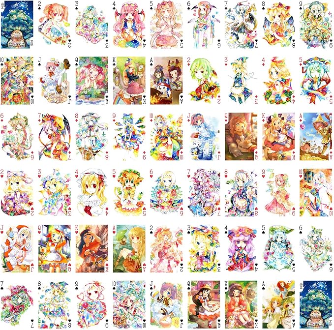 Kawaii Anime Girls Playing Cards (Poker Deck 54 Cards All Different) Cute Watercolor Japan Manga