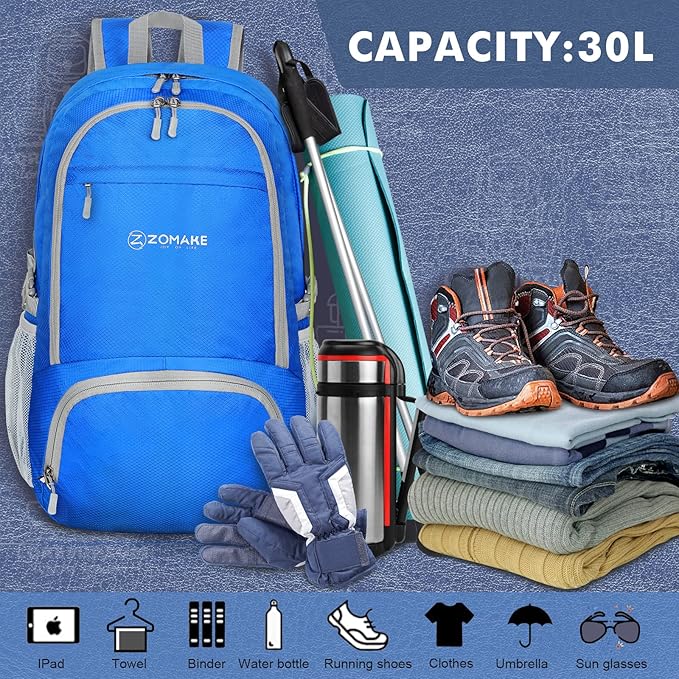 ZOMAKE Lightweight Packable Backpack 30L, Foldable Hiking Backpacks Water Resistant Compact Folding