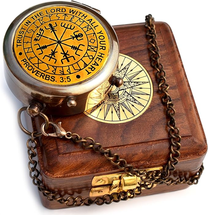 Trust in The Lord With All Your Heart - Proverbs 3:5-6 Quote Engraved Compass With Wooden Box