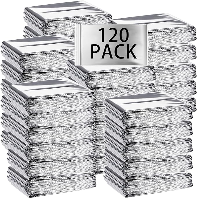 Macarrie 120 Pack Emergency Foil Thermal Blankets Silver Foil Survival Blanket Space Blanket