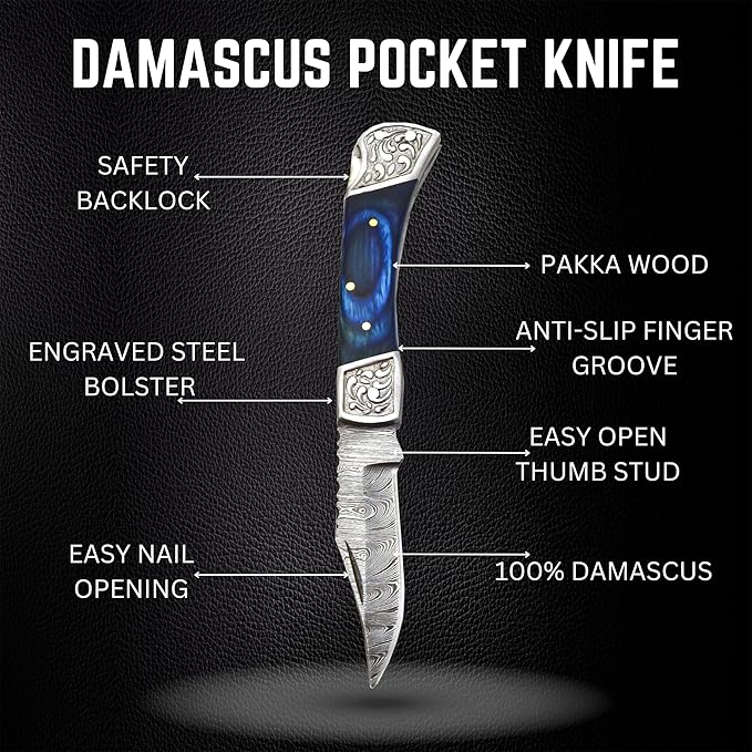 Handmade Damascus Pocket Knife for Men - 7.2 Inches Engraved Steel Damascus Folding Pocket Knife