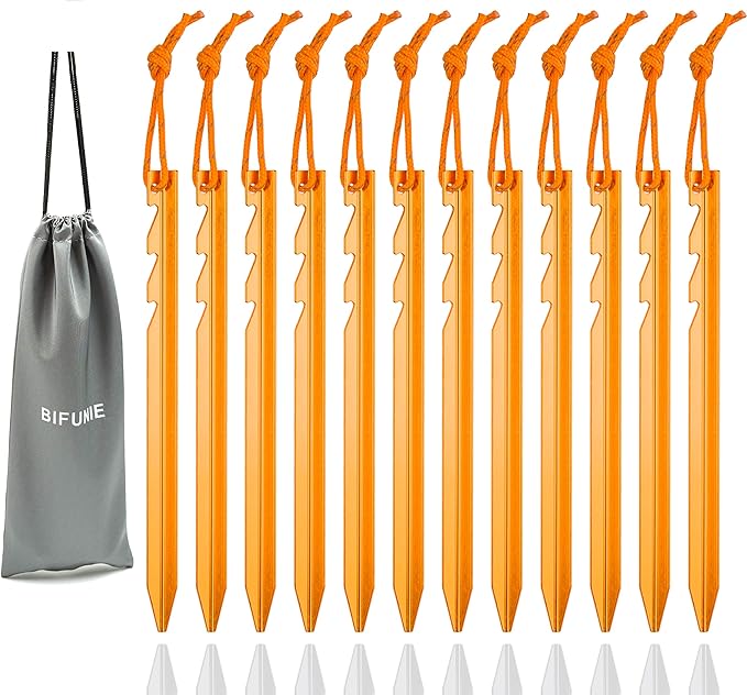 Aluminum Alloy Tent Stakes Pegs, 12-Pack Aluminum Ground Pegs with Reflective Pull Ropes