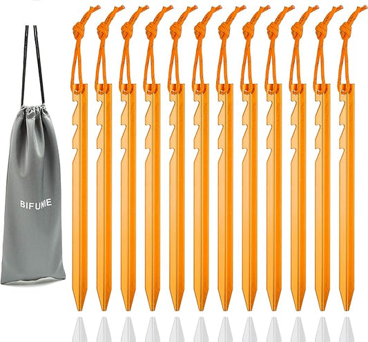 Aluminum Alloy Tent Stakes Pegs, 12-Pack Aluminum Ground Pegs with Reflective Pull Ropes