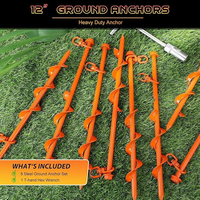 8 Pcs Ground Anchors Screw in, 12 Inch Heavy Duty Tent Stakes with Trampoline Anchor Hook Ground