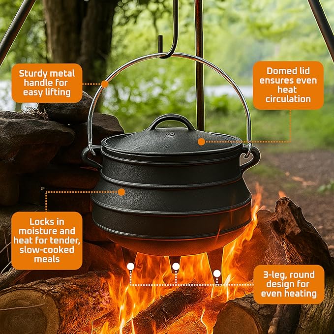 Bruntmor 8-Quart Pre-Seasoned Cast Iron Cauldron - African Potjie Pot with Lid - 3-Legged Pot for