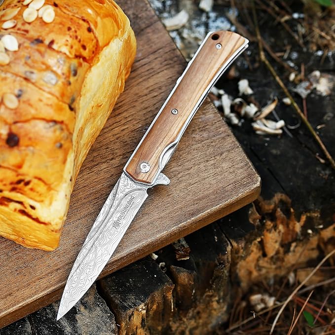 YOUSUNLONG Folding Knife Overall 215mm Camping Knife - Hammered Damascus Steel Blade - Natural