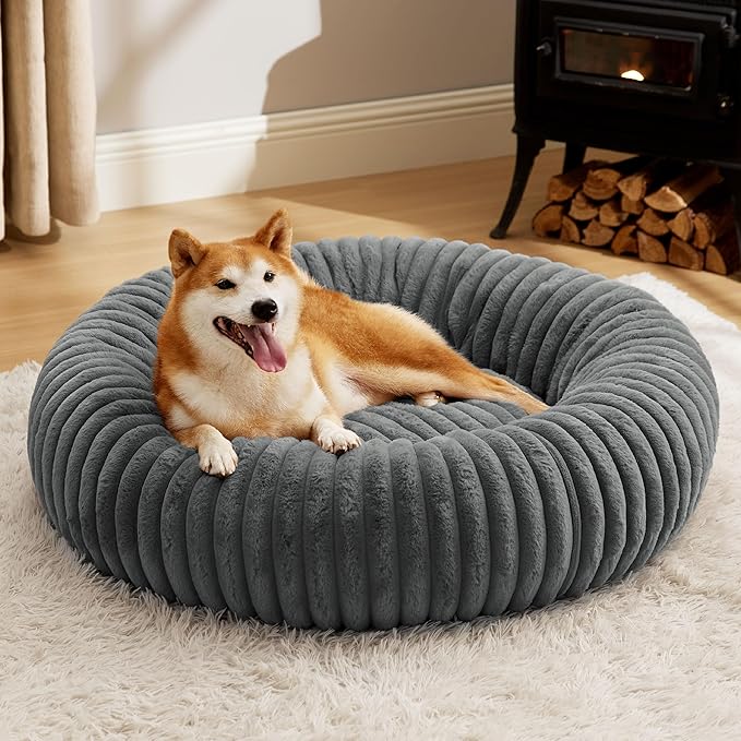Bedsure Donut Large Dog Bed - Washable Faux Fur with Corduroy Fleece & Anti Slip Bottom, Round Pet