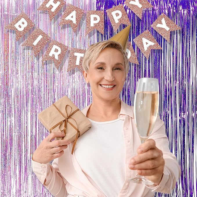 BRAVESHINE 1 Purple 1 Pink Streamers Party Photo Backdrop - 3.2 ft x 8.2 ft Metallic Tinsel Foil