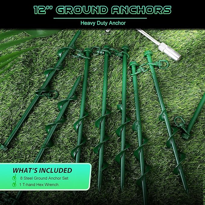 Zhengmy 8 Pcs Ground Anchors Screw in, 12 Inch Heavy Duty Tent Stakes with Trampoline Anchor Hook