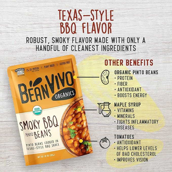 BeanVIVO (Pack of 6) Organics 15g Plant based Protein BBQ Pinto Beans - Good Source of Fiber