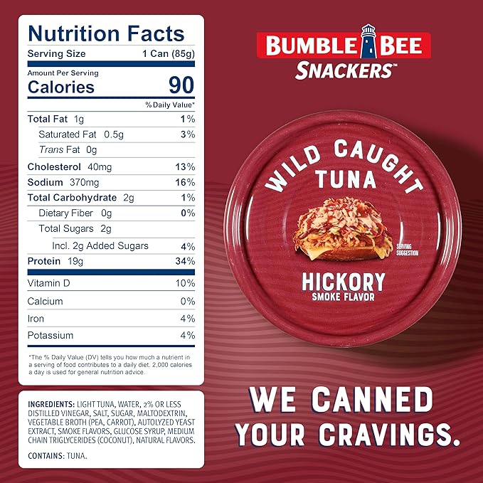 Bumble Bee Snackers - Hickory Smoke Tuna, 3 oz Easy Open Can - 19g Protein per Serving - Wild