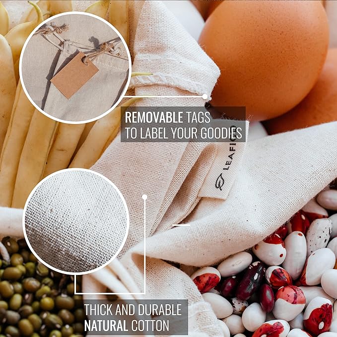 Organic Cotton Produce Bags - Medium 8x10 Inch (12 Bags) - Reusable Muslin Storage Bags with