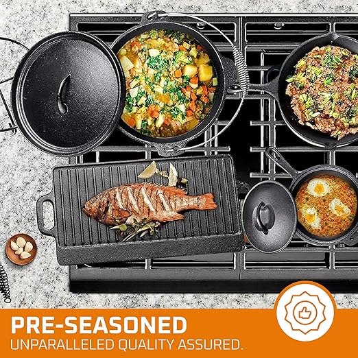 Bruntmor Camping Cooking Set of 7. Pre Seasoned Cast Iron Pots and Pans Dutch Oven with Lids for
