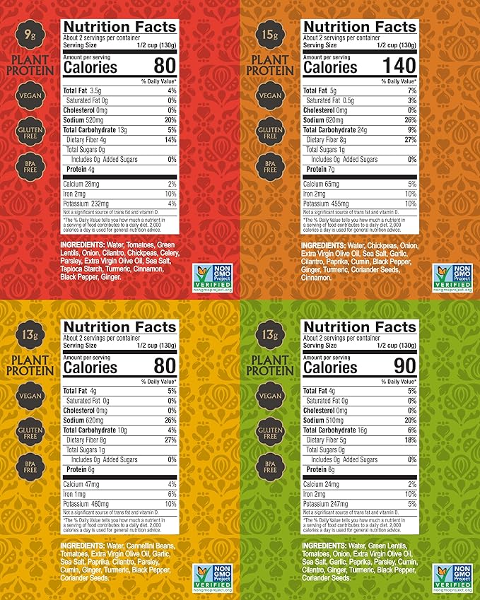 Mina Moroccan Lentils, Chickpeas, White Beans & Harira - Healthy Snacks Variety Pack of 8 (10 oz)