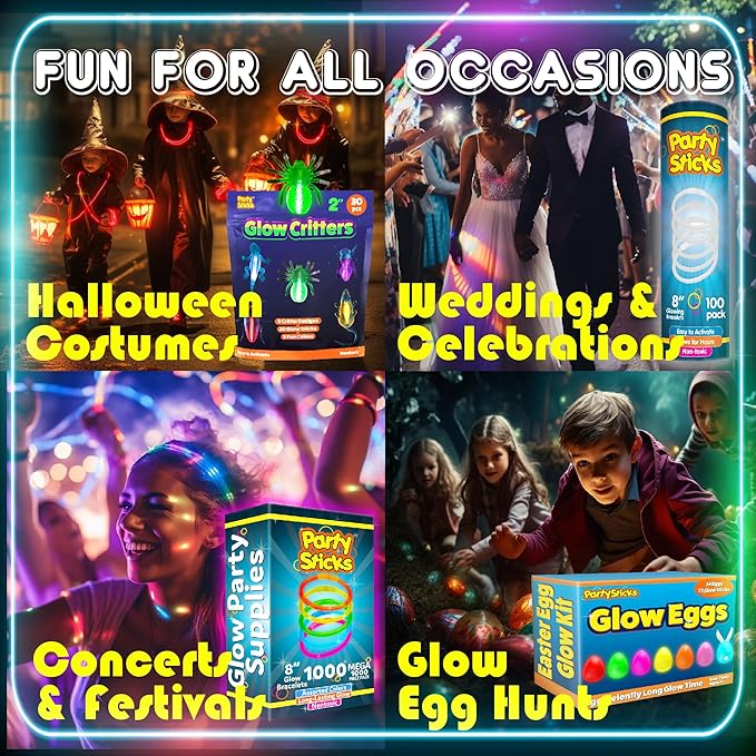 PartySticks Bulk Party Supplies 205 Piece Glow in The Dark 100 Glow Sticks with Eye Glasses