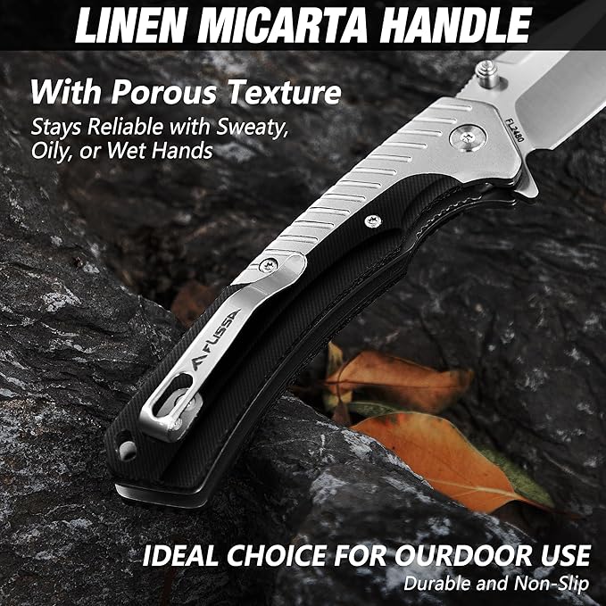 FLISSA Pocket Knife with 3.35" 14C28N Steel Blade, Liner Lock Folding Knife with Micarta Handle for