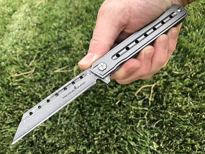 TACTICAL GEARZ Damascus Pocket Knife for EDC, Solid Titanium Handle, 67 Multi-Layered Damascus