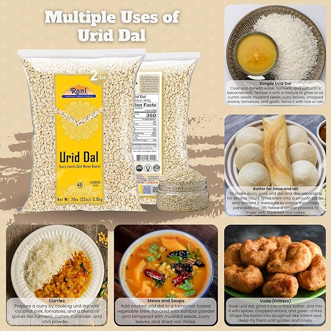 Rani Urid/Urad Dal (Split Matpe Beans Skinless) Indian Lentils 32oz (2lbs) 908g ~ All Natural |