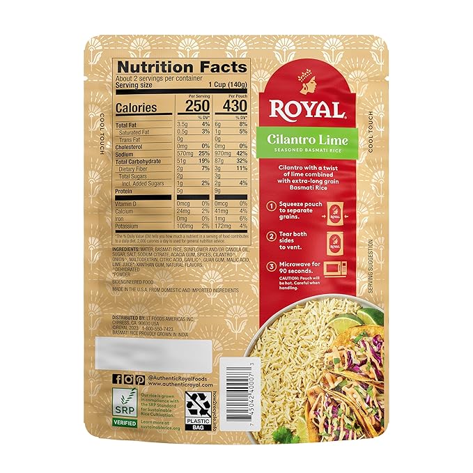 Royal Cilantro Lime Basmati Rice - Ready to Heat Basmati Rice - (4 Pack) 8.5 oz Microwaveable Pouch