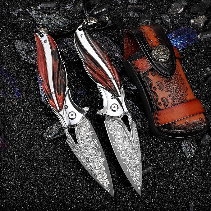 Handmade Japanese VG10 Damascus steel Folding Pocket Knife，With leather case，Liner Lock，3.1in high