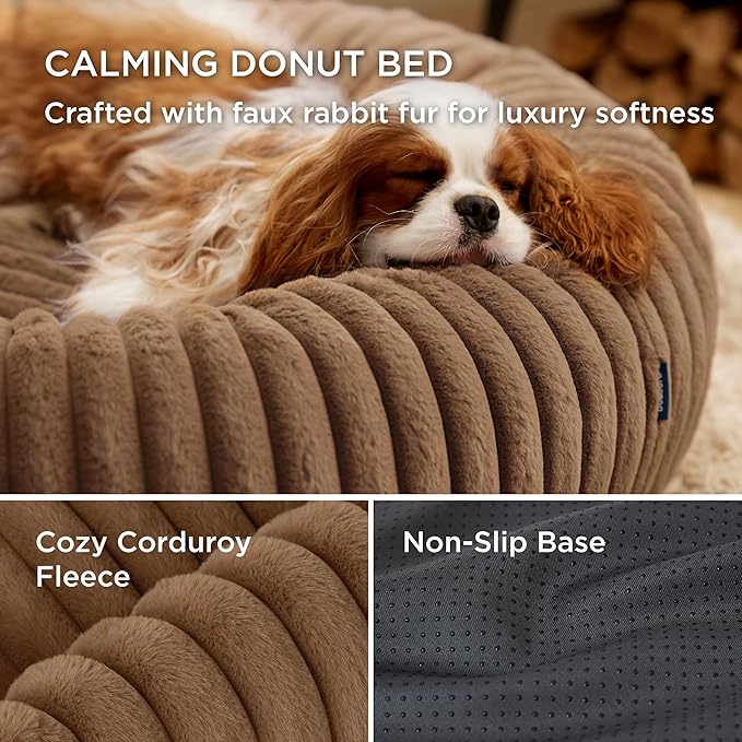 Bedsure Donut Medium Dog Bed - Washable Faux Fur with Corduroy Fleece & Anti Slip Bottom, Round Pet