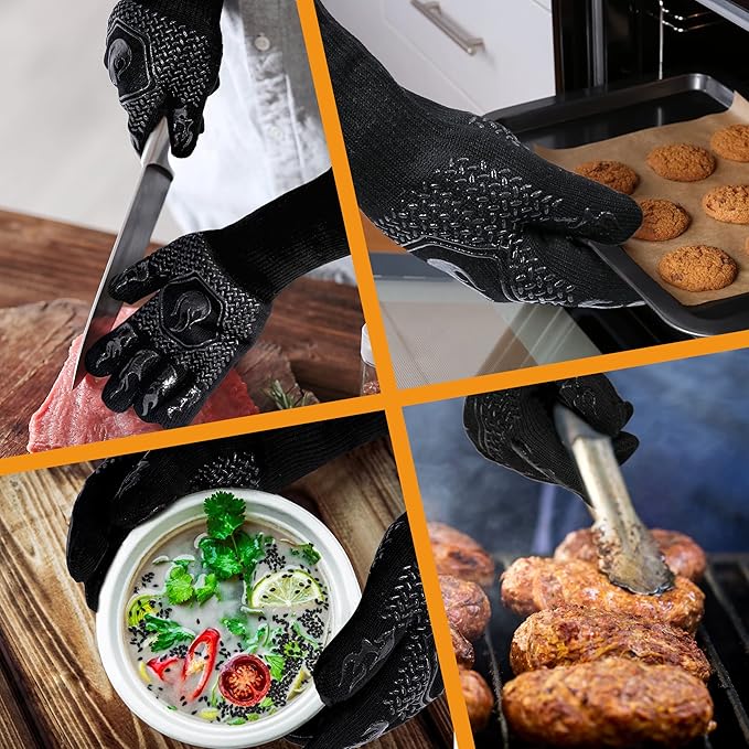 BBQ Fireproof Gloves, Grill Cut-Resistant Gloves 1472°F Heat Resistant Gloves, Non-Slip Silicone