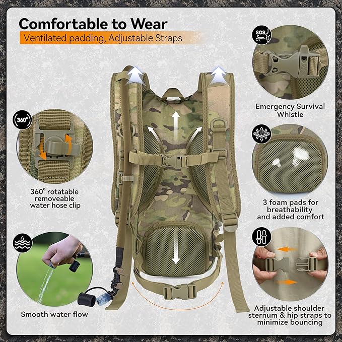 MARCHWAY Tactical Molle Hydration Pack with 2.5L TPU Water Bladder, Low-Profile Organized Military