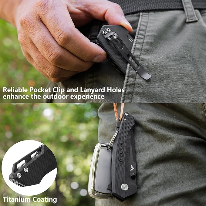 FLISSA Pocket Folding Knife, 3.2??D2 Blade G10 Handle EDC Knife with Button Lock and Pocket Clip