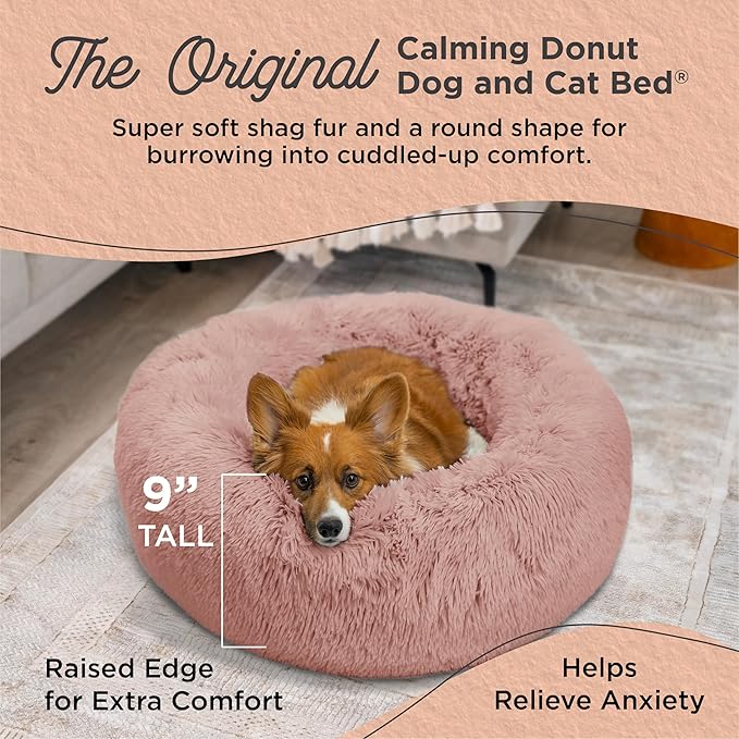 Best Friends by Sheri Original Calming Donut Dog and Cat Bed, Shag Faux Fur, Dusty Rose, (30in x
