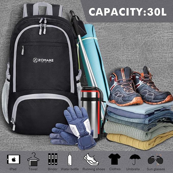 ZOMAKE Lightweight Packable Backpack 30L, Foldable Hiking Backpacks Water Resistant Compact Folding