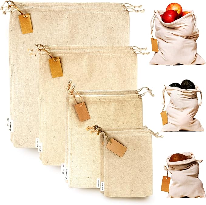 LEAFICO Muslin Cloth Bags with Drawstrings - Set of 8 (S, M, L, XL) - Reusable Natural Cotton Bags