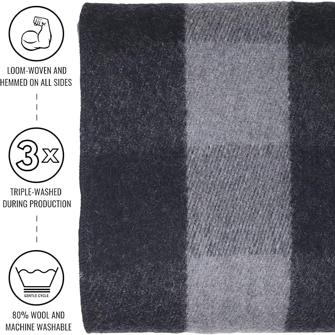 Arcturus Plaid Wool Blankets - 4.5lbs Warm, Heavy, Washable, Large | Great for Camping, Outdoors