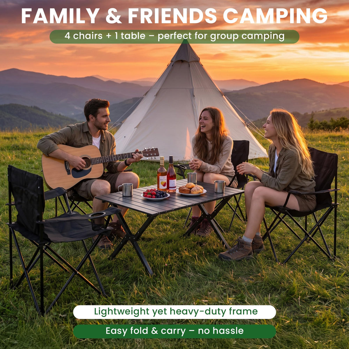 Geisoun 4 Pack Folding Camping Chairs with Table Set, Foldable Portable Lawn Chairs with Carry Bag
