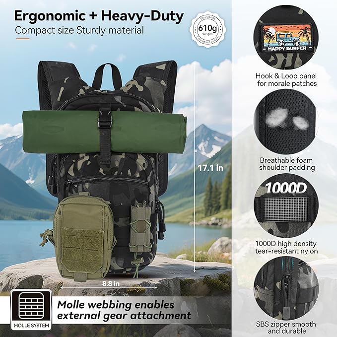 MARCHWAY Tactical Molle Hydration Pack with 2.5L TPU Water Bladder, Low-Profile Organized Military