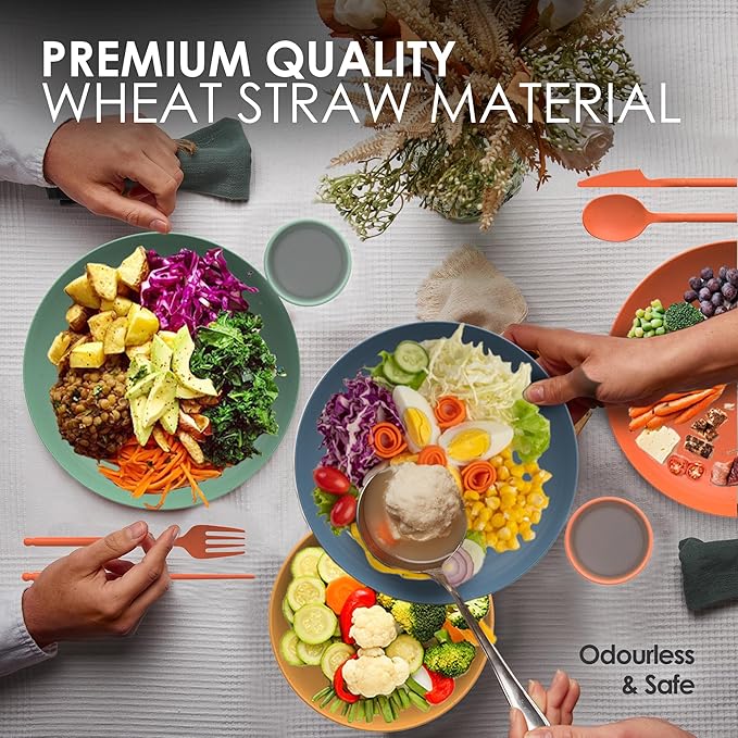 Wheat Straw Dinnerware Sets For 4 - Camping Plates Cups And Bowls Set - Dishwasher Microwave Safe