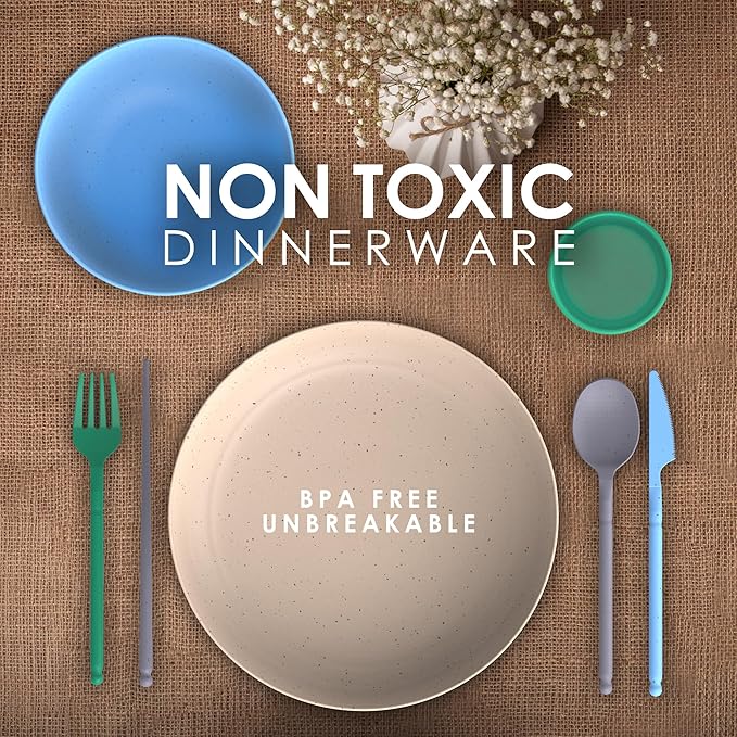 Wheatstraw Dinnerware Set for 4 - Camping Dishes & Utensils - Microwavable Plates - Alternate To