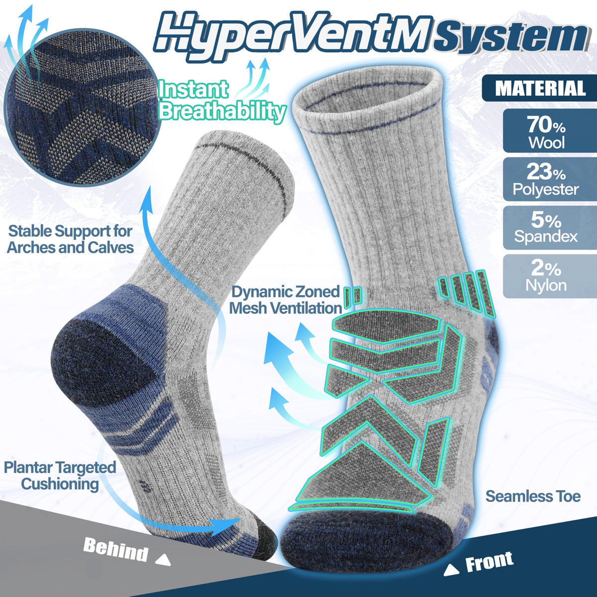 ANTSANG Merino Wool Hiking Socks, Enhanced Breathability, for Men and Women
