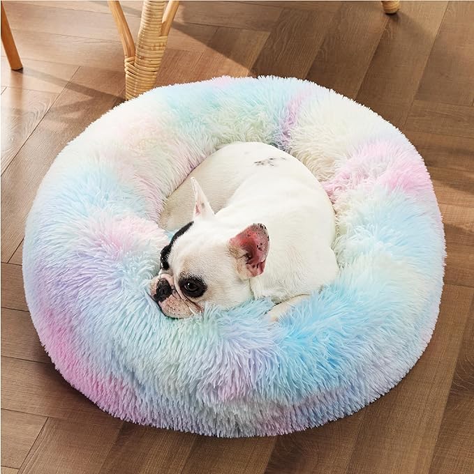 Bedsure Calming Dog Bed for Small Dogs - Donut Washable Small Pet Bed, Round Anti-Slip Fluffy Plush