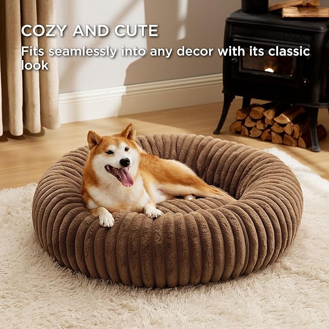 Bedsure Donut Large Dog Bed - Washable Faux Fur with Corduroy Fleece & Anti Slip Bottom, Round Pet
