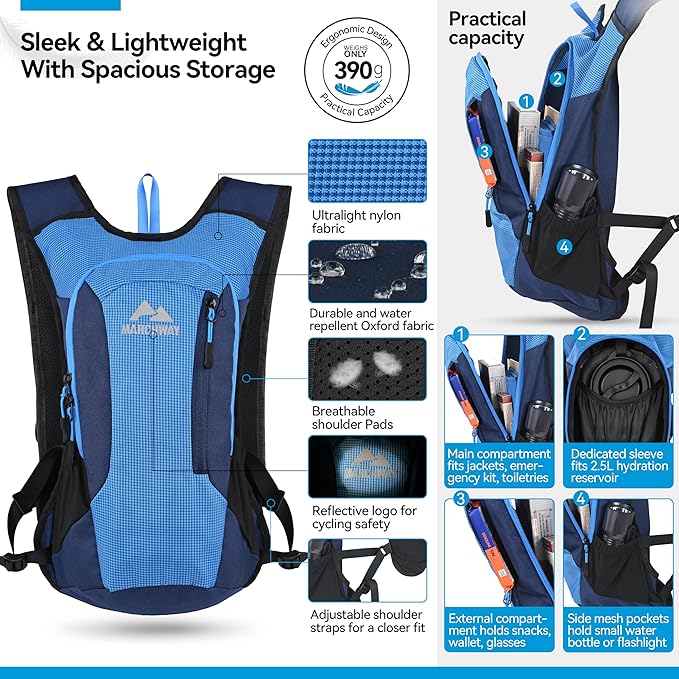 MARCHWAY Lightweight Hydration Backpack with Vest Style Straps & 2.5L TPU Water Bladder, Versatile